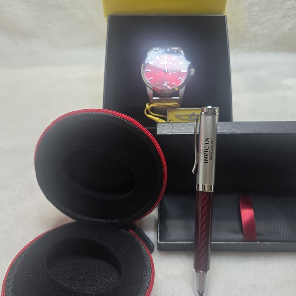 Invicta Red Dial Watch with Case and Pen - Picture 2 of 5